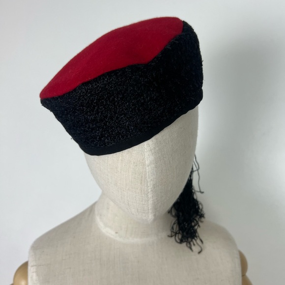 TASSEL FRINGE 1950’s Wool Soutache Embroidered Red and Black Women's Pillbox Hat - Picture 7 of 17